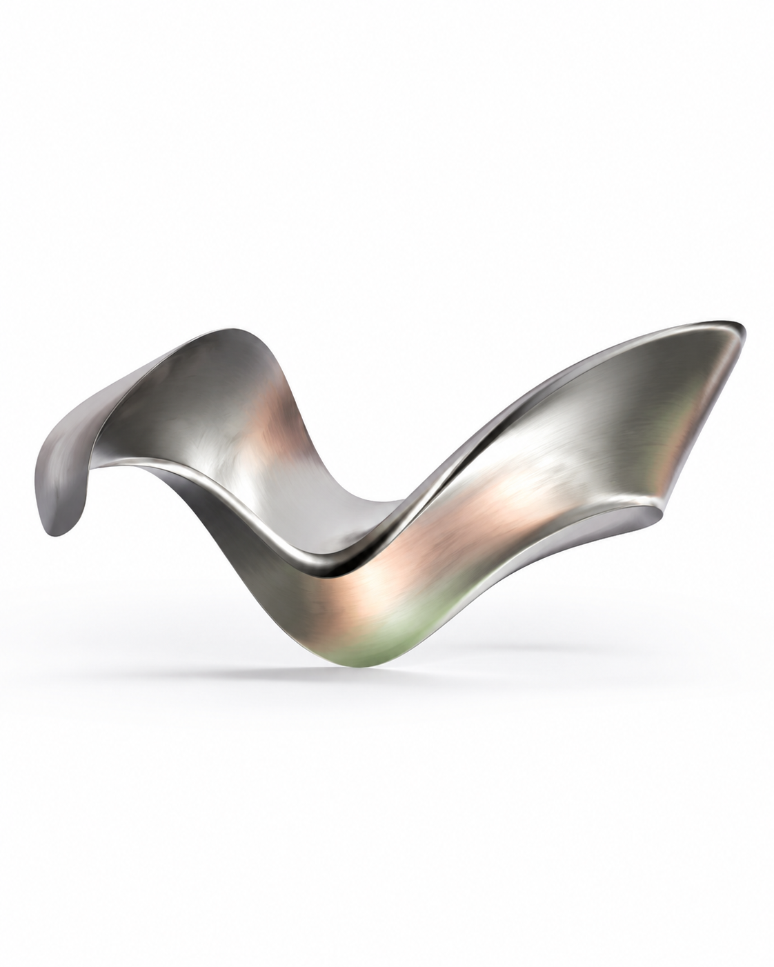 Sculptural brushed titanium ribbon with restrained Indian colour reflections